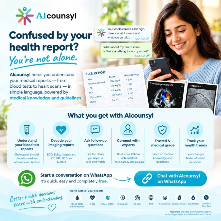 AIcounsyl infographic: a woman reads an AI explanation of her cholesterol results on her phone, beside a lab report, an echocardiogram and an angiogram. Features: understand blood test reports, decode imaging reports, ask follow-up questions, connect with experts, and track health trends.